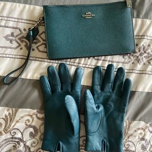 Authentic Coach clutch and matching gloves, teal